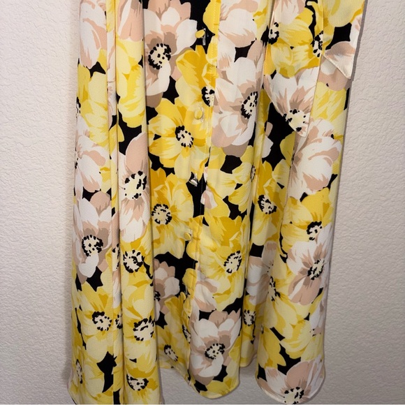 Talbots. Black Yellow Floral Print Button-Front Short Sleeves Midi Dress 4 - Picture 9 of 9